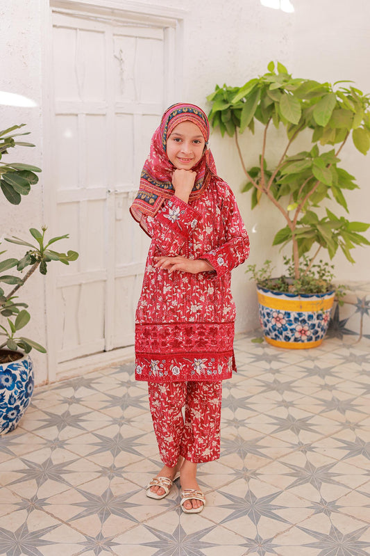 A girl wearing a red floral embroidered long-sleeved shirt, matching trousers, and a dupatta, standing in a room with pot plants in the background.
