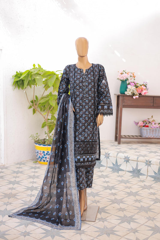 A mannequin displaying a three-piece black festive embroidered outfit, including a shirt, trousers, and a dupatta with floral and geometric patterns.