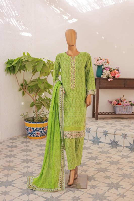 A mannequin displaying a three-piece mint green festive embroidered suit with laser cut work and lace, including a dupatta.