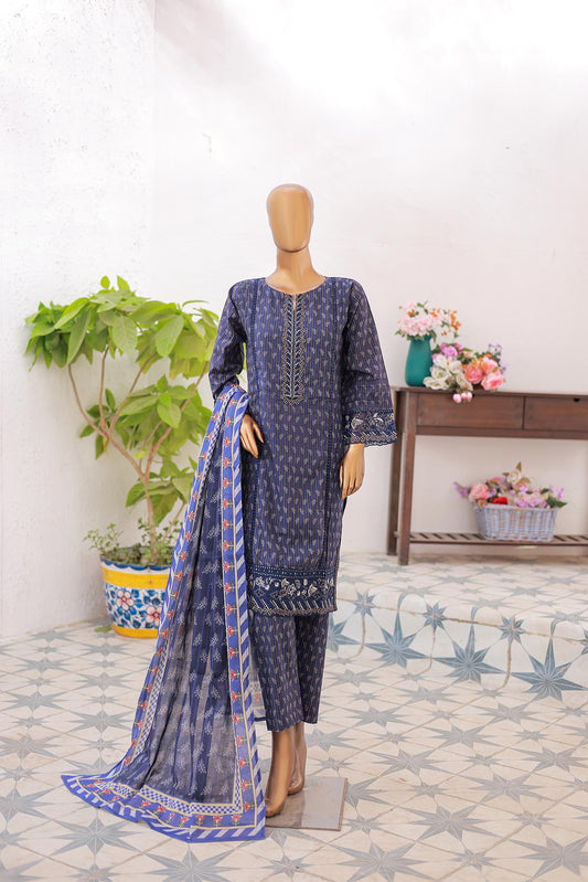 A mannequin displaying a navy blue three-piece festive embroidered outfit, consisting of a shirt, trousers, and a dupatta with floral and geometric patterns.