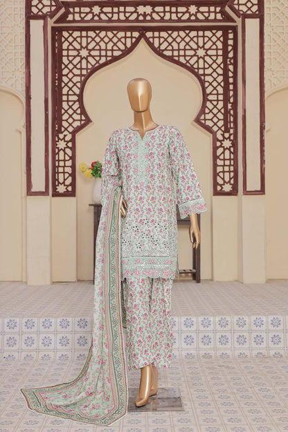 Traditional outfit with floral design on a mannequin against a decorative wall.