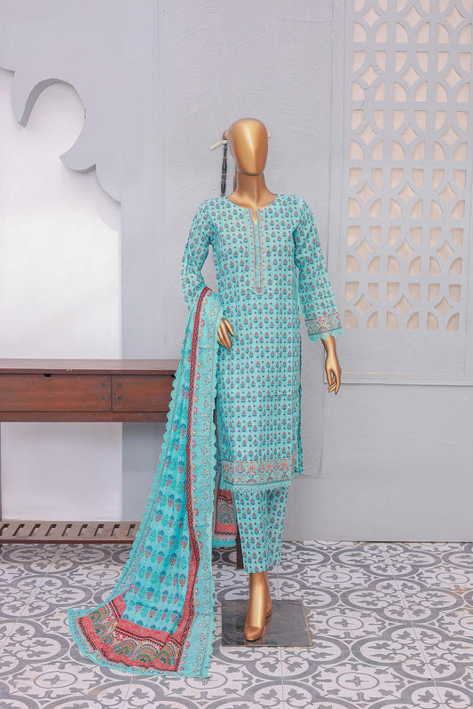 A three-piece blue festive embroidered outfit consisting of a shirt with front and sleeve embroidery, trousers, and a dupatta with cutwork, displayed on a mannequin against an ornate background.