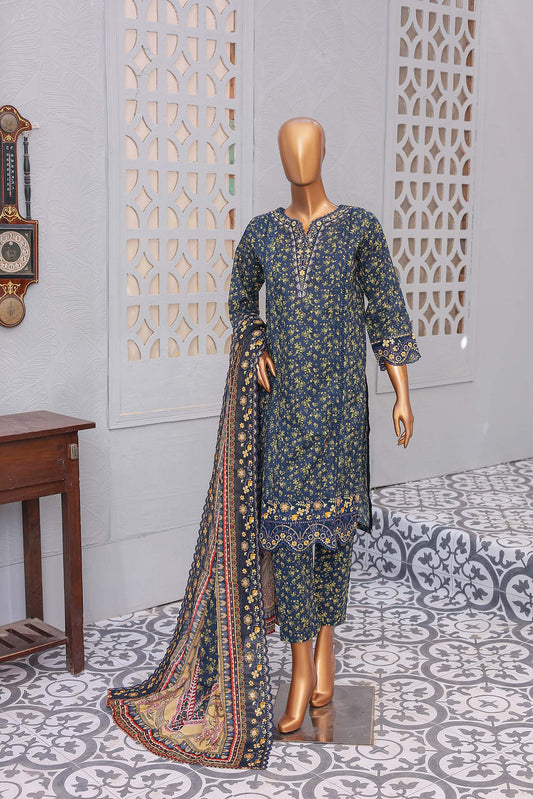 A mannequin displaying a three-piece festive embroidered outfit consisting of a shirt with sleeves, trousers, and a dupatta, in teal color with floral embroidery and cutwork.