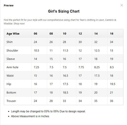 Girls sizing chart for clothing measurements in inches
