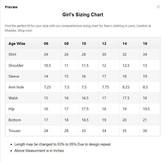 Girls sizing chart for clothing measurements in inches