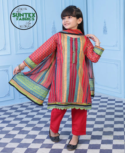  Girl Printed Lawn Stitch  Frock Shirt (Kurti) with Dupatta & Trouser