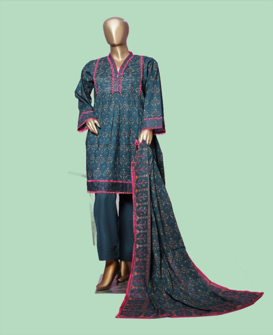 Woman Printed Lawn Stitch  Frock Shirt (Kurti) with Dupatta & Trouser