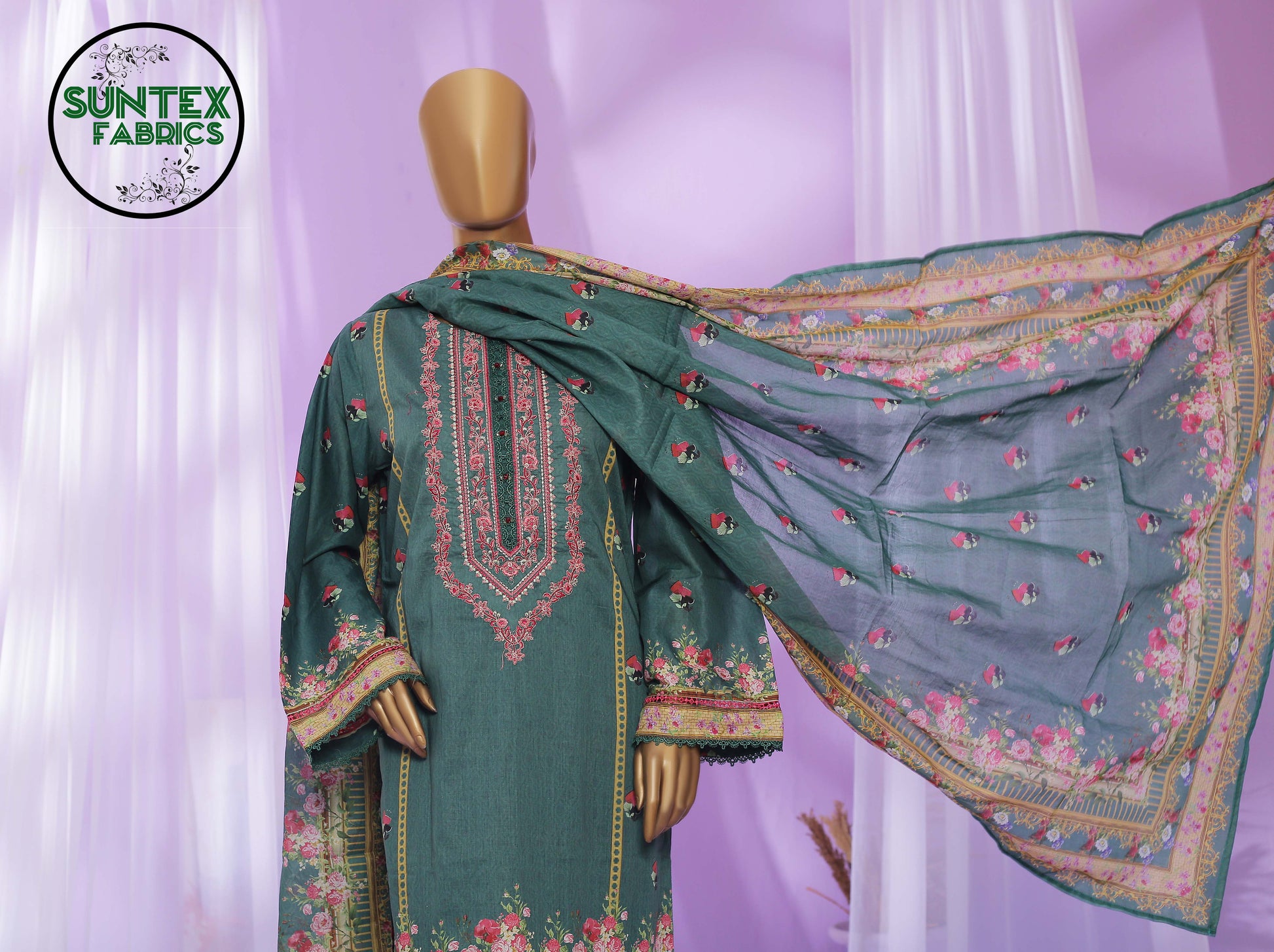 Woman Printed Embroidered Lawn Stitch Shirt (Kurti) with Dupatta & Trouser