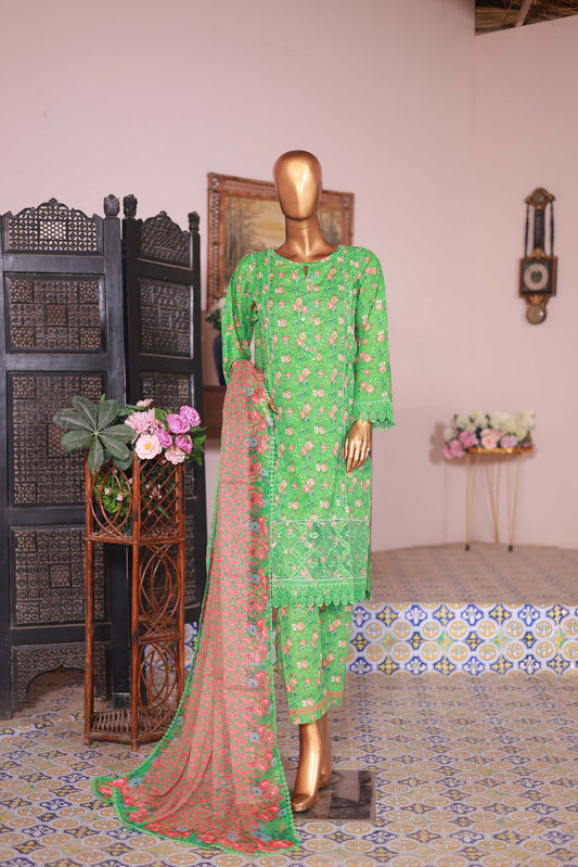 A mannequin displaying a green embroidered shirt with long sleeves, paired with a printed pink dupatta.