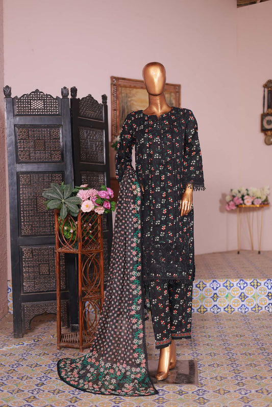 A three-piece black women's outfit with embroidery, consisting of a long-sleeved shirt, a trouser, and a dupatta, displayed on a mannequin.