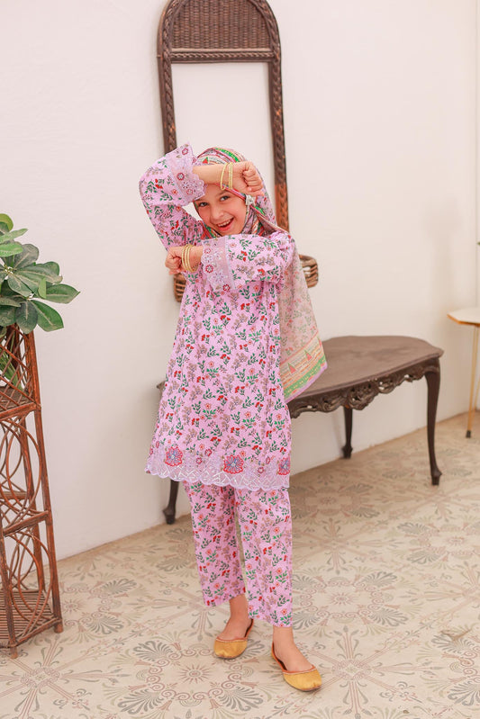 A girl wearing a festive pink three-piece outfit with embroidery and printed patterns, including a shirt, trousers, and a dupatta.