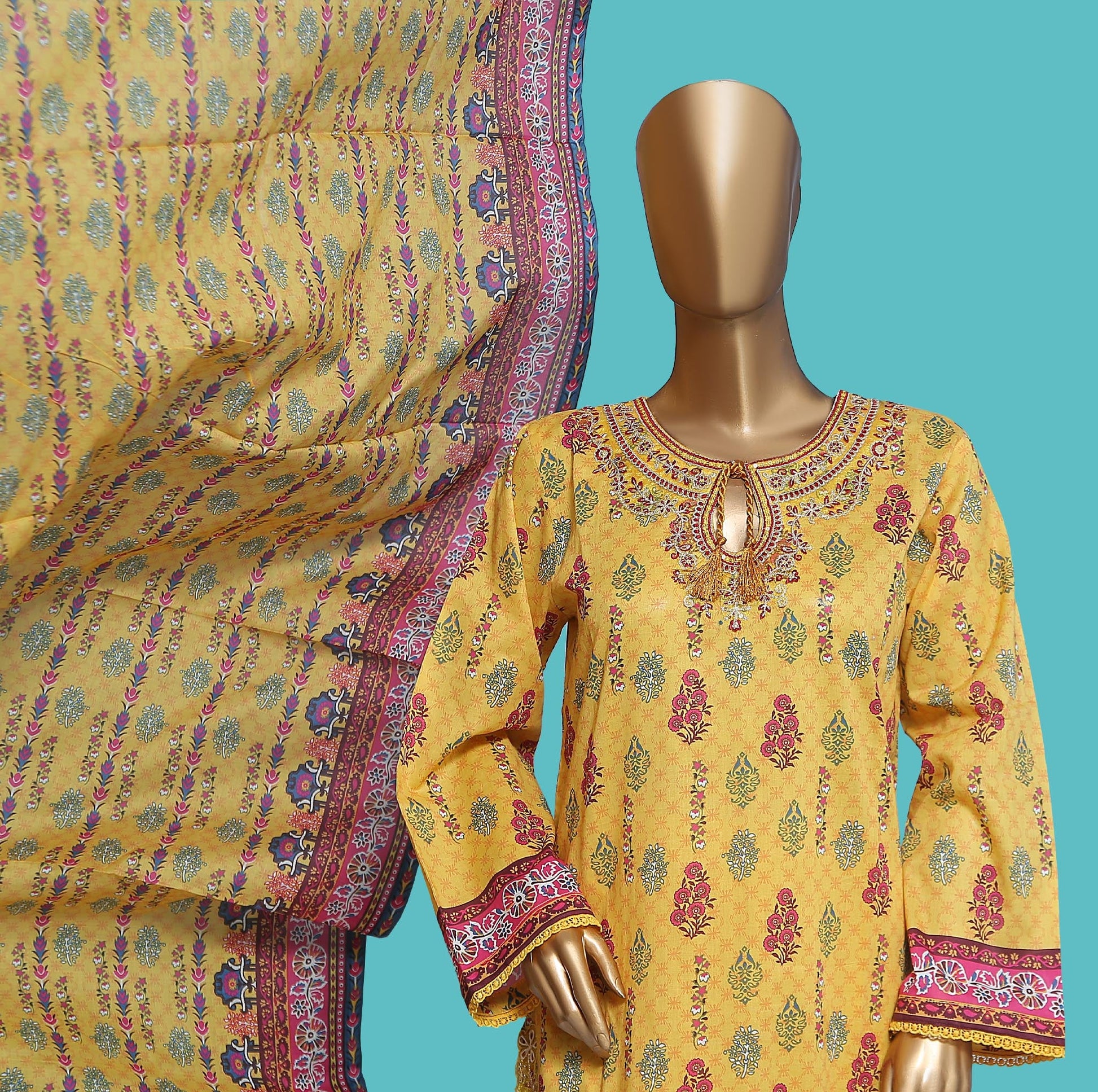 Woman Printed Cambric Stitch Shirt (kurti) with Dupatta & Printed Trouser
