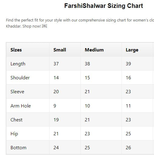 Sizing chart for FarshiShalwar women's clothing with measurements in centimeters.