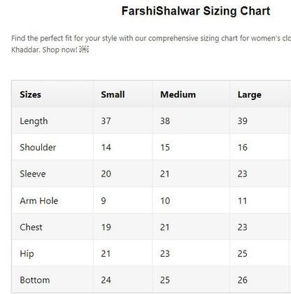 Sizing chart for FarshiShalwar women's clothing with measurements in centimeters.