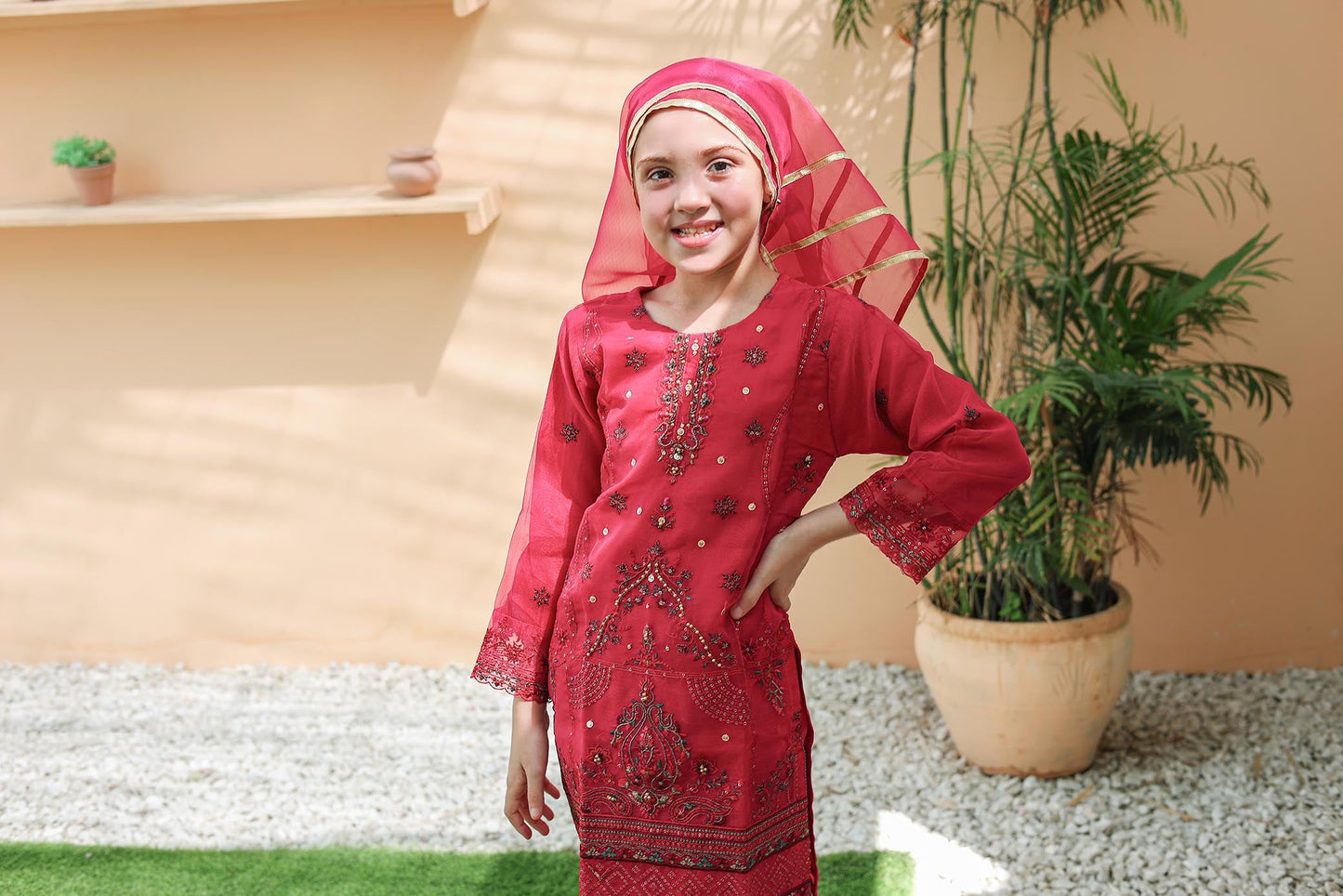 LUXE سہیلی – Girls 3-Pc Embroidered Organza Dress with Handwork | SUNtex Fabrics