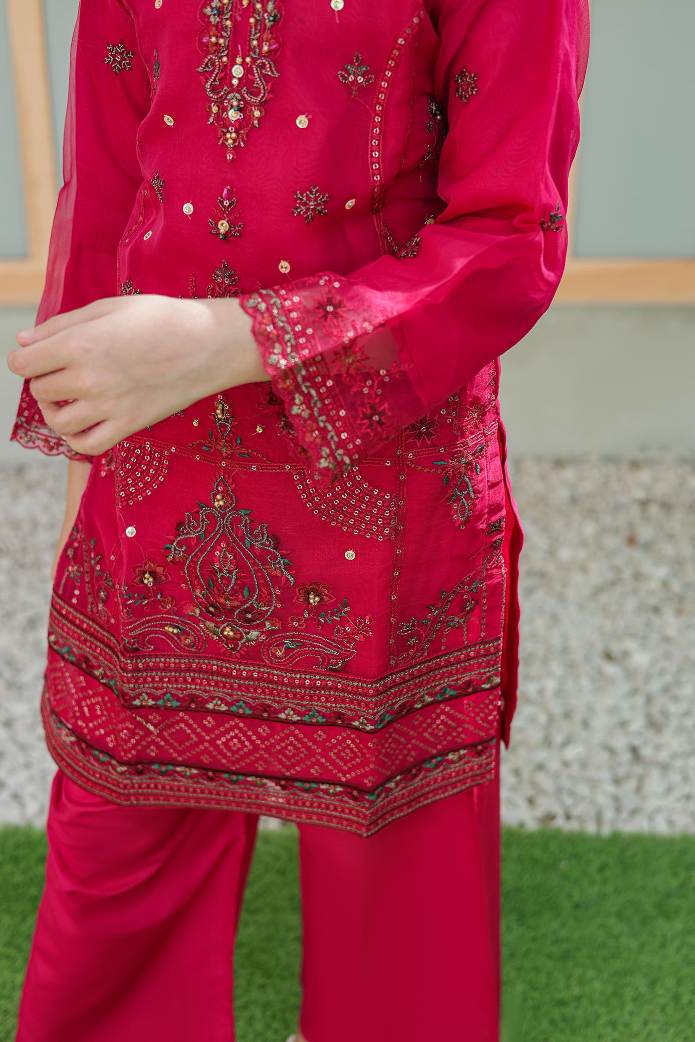 LUXE سہیلی – Girls 3-Pc Embroidered Organza Dress with Handwork | SUNtex Fabrics